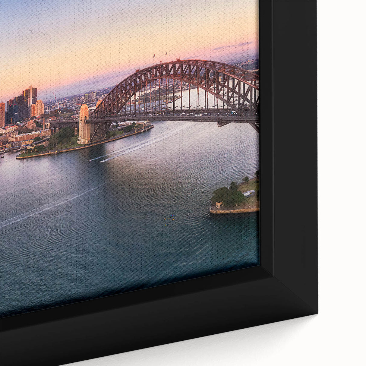 Extra large framed canvas of a textured Sydney skyline in vibrant colors, ideal for living room decor.