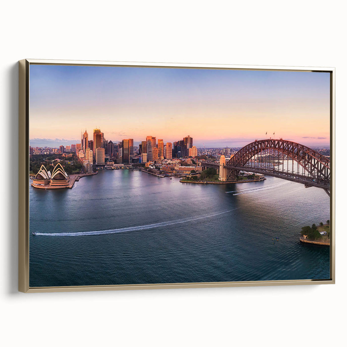 Vintage poster art of Sydney skyline in colorful hues on extra large framed canvas, suitable for living room decor.