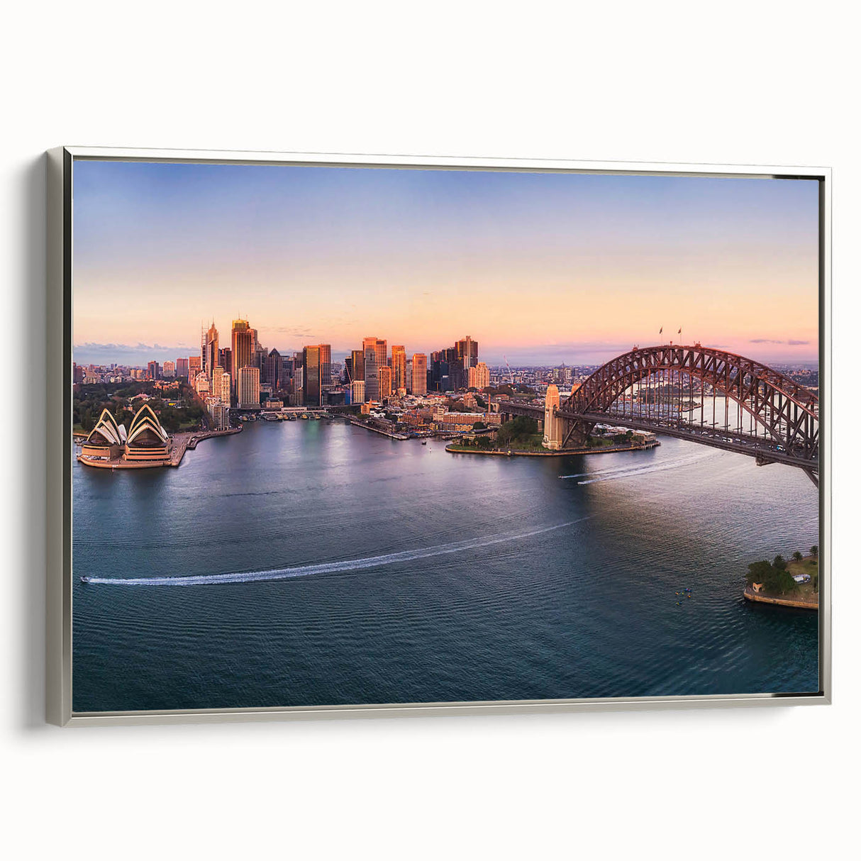 Framed canvas depicting the Sydney skyline in monochrome shades, ideal for bedroom wall art.