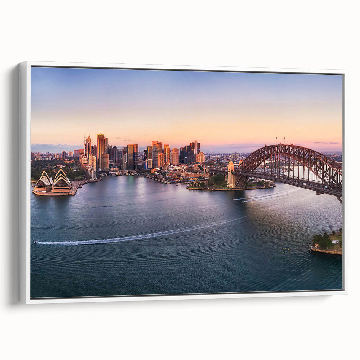 Framed canvas of a vintage-style Sydney landscape painting in colorful hues, ideal for enhancing a living room's decor.