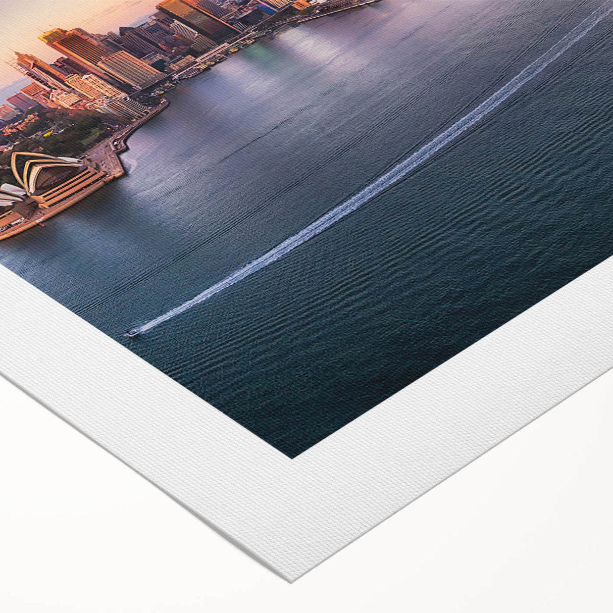 Art deco poster of Sydney skyline in muted blue and gray tones on rolled canvas, suitable for dining room wall art.