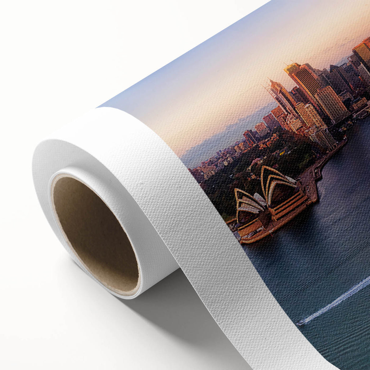 Art deco poster of Sydney skyline in pastel shades on rolled canvas, suitable for nursery wall art or dining room decor.