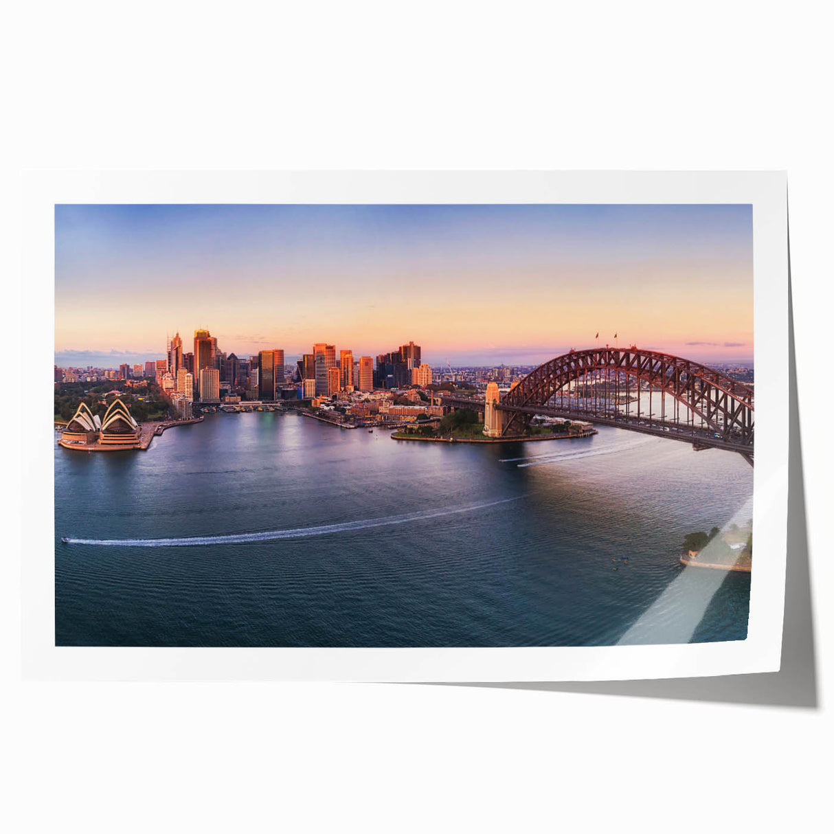 Sydney skyline in muted gray and blue tones on extra large rolled canvas, ideal for art wall dining room.