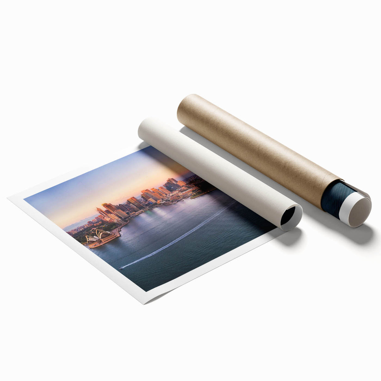 Extra large rolled print featuring the Sydney skyline in muted blue tones, ideal for classy bathroom wall art.