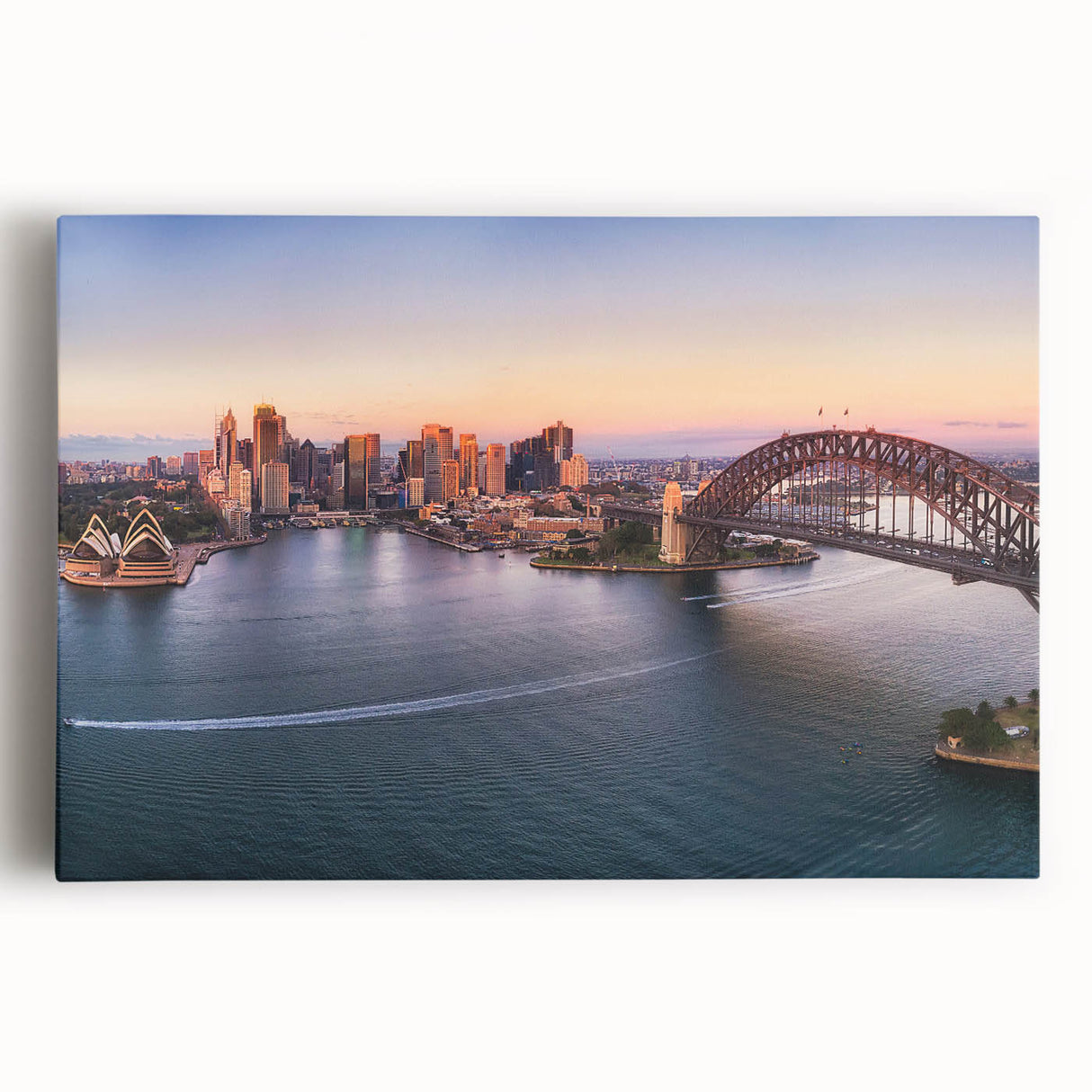 Black and white stretched canvas of Sydney skyline, ideal for kitchen wall art or bedroom decor.