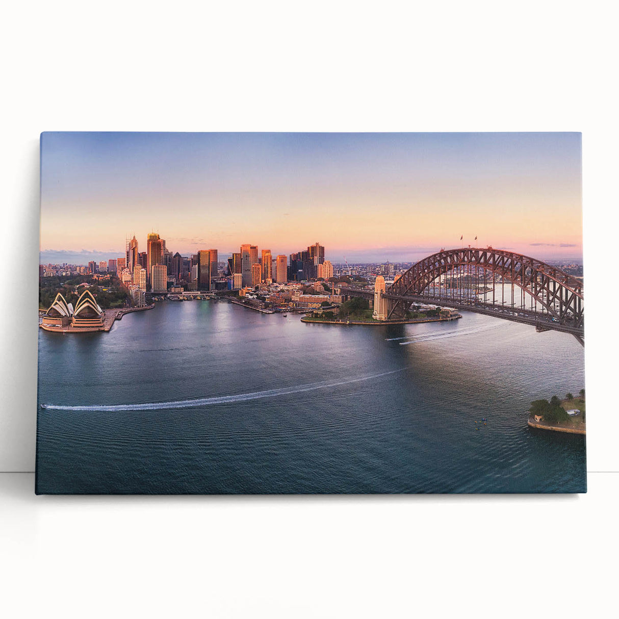Black and white stretched canvas of Sydney skyline, ideal for kitchen wall art.