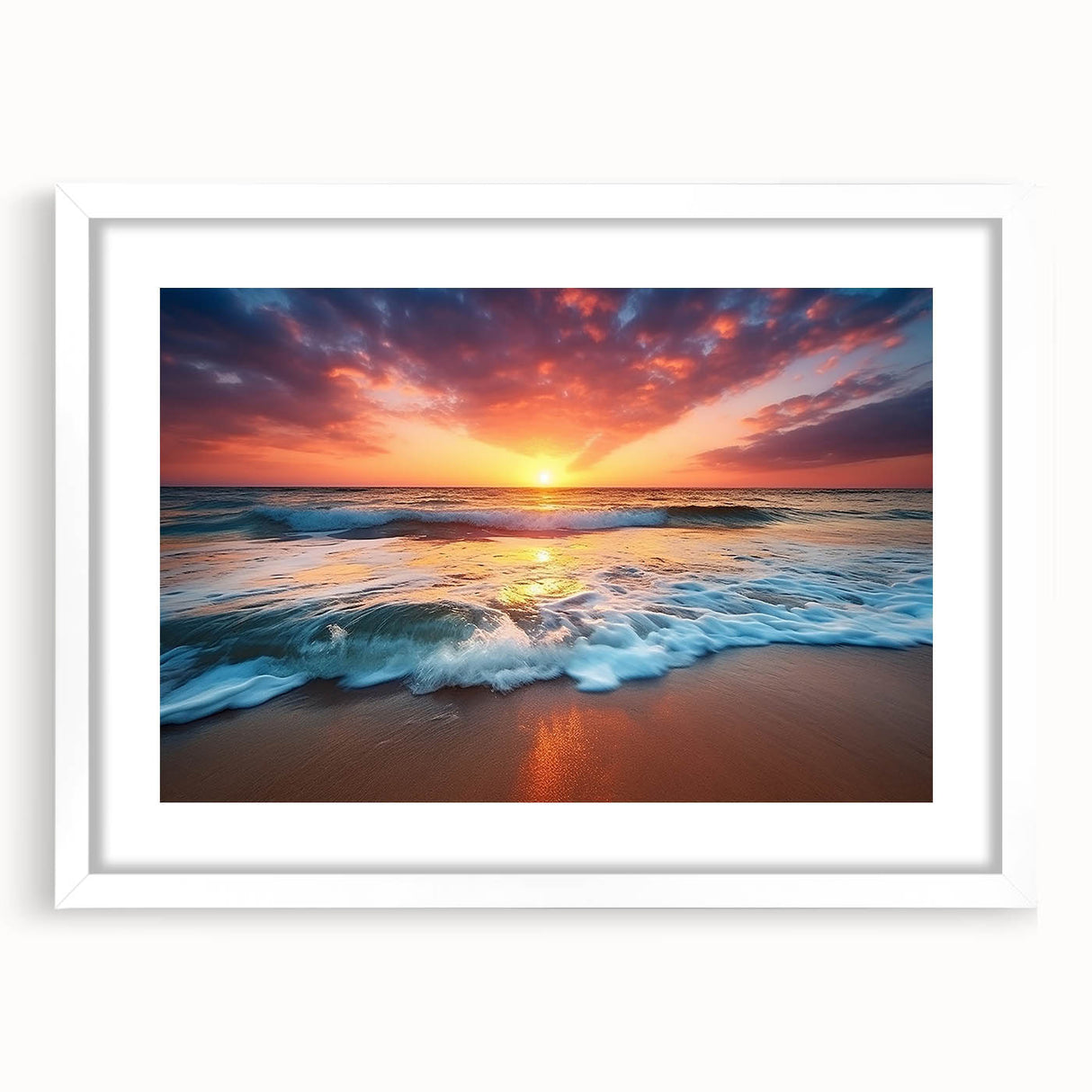 Abstract art print of a Caribbean seascape in soft blue and green tones on a white-framed canvas.