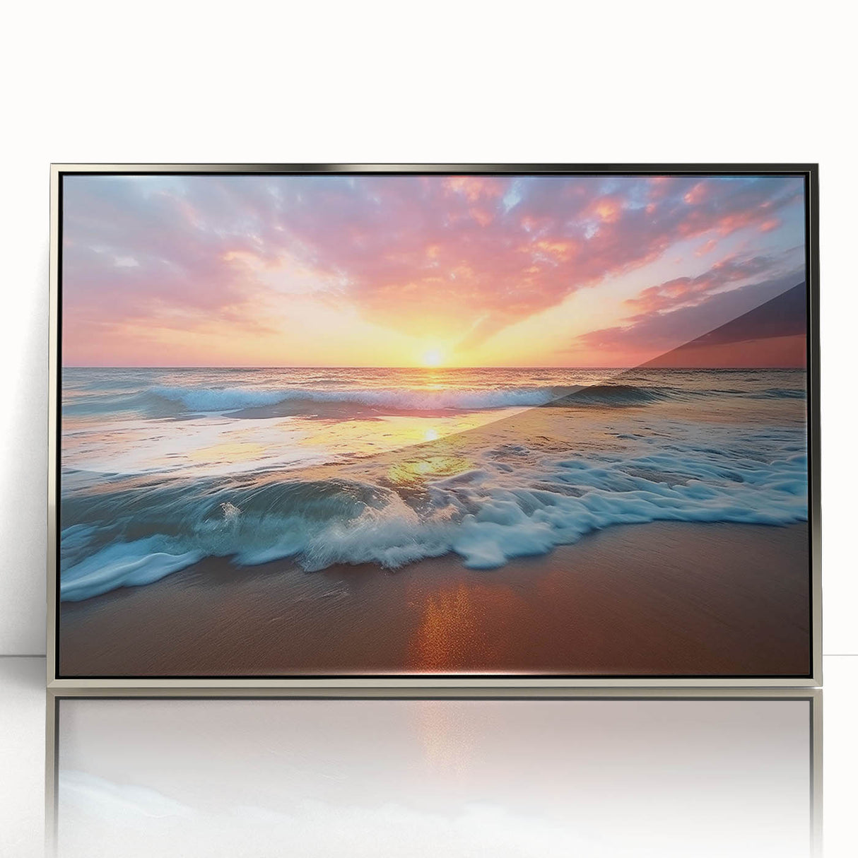 Large art print of a Caribbean Barbados scenery in mid-century modernist style, framed in silver acrylic.