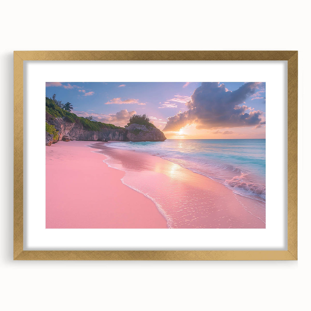 Abstract art print of Caribbean scenery in muted blue and green tones, framed in gold, ideal for dining room decor.
