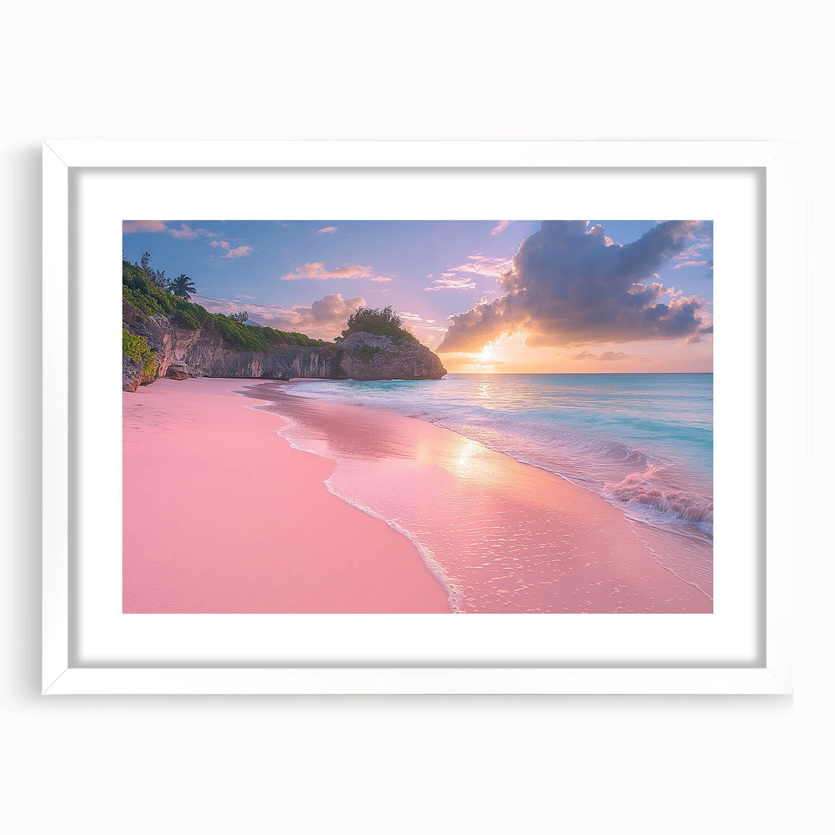 Textured abstract art print depicting Caribbean scenery in vibrant blue and green hues, framed with white mat.