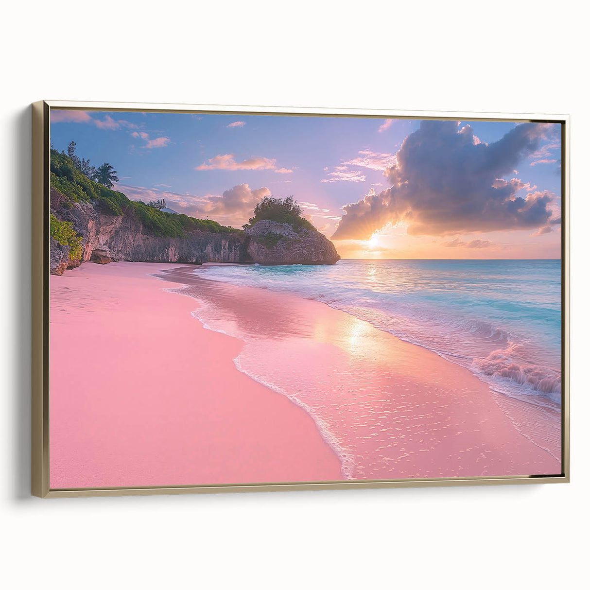Vintage poster art of a Caribbean scenery on framed canvas, featuring colorful art in gold tones.