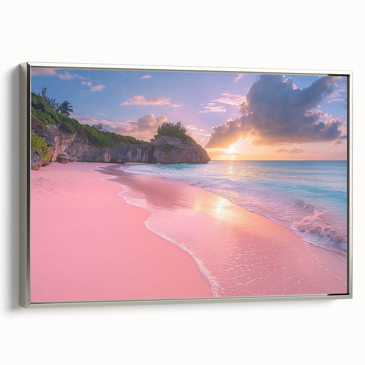 Framed canvas depicting a vintage Bermuda landscape, with muted blue and green tones, ideal for bedroom wall art.
