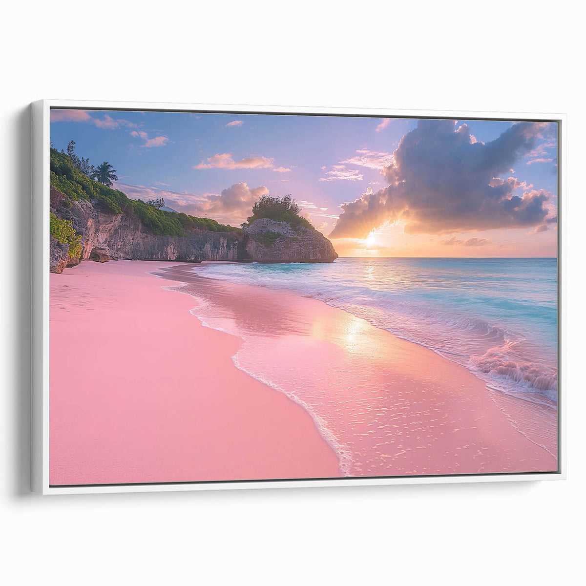 Framed canvas landscape art painting depicting a colorful Caribbean scene, ideal for brightening a living room.
