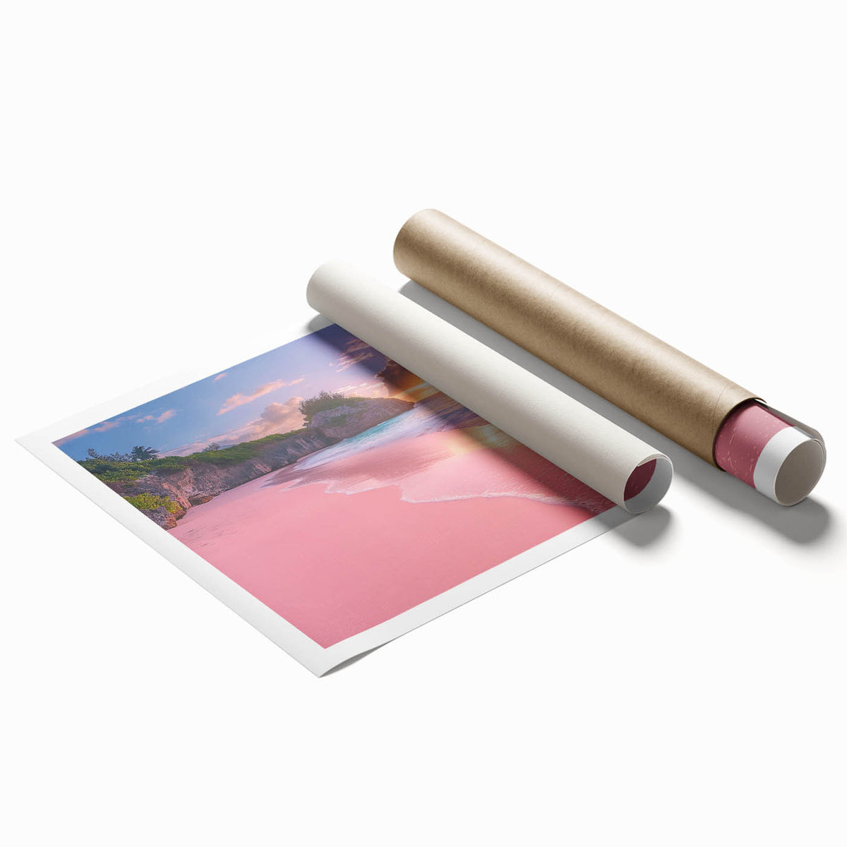 Extra large rolled print of a Caribbean scenery with vibrant blue and green hues, ideal for classy bathroom wall art.