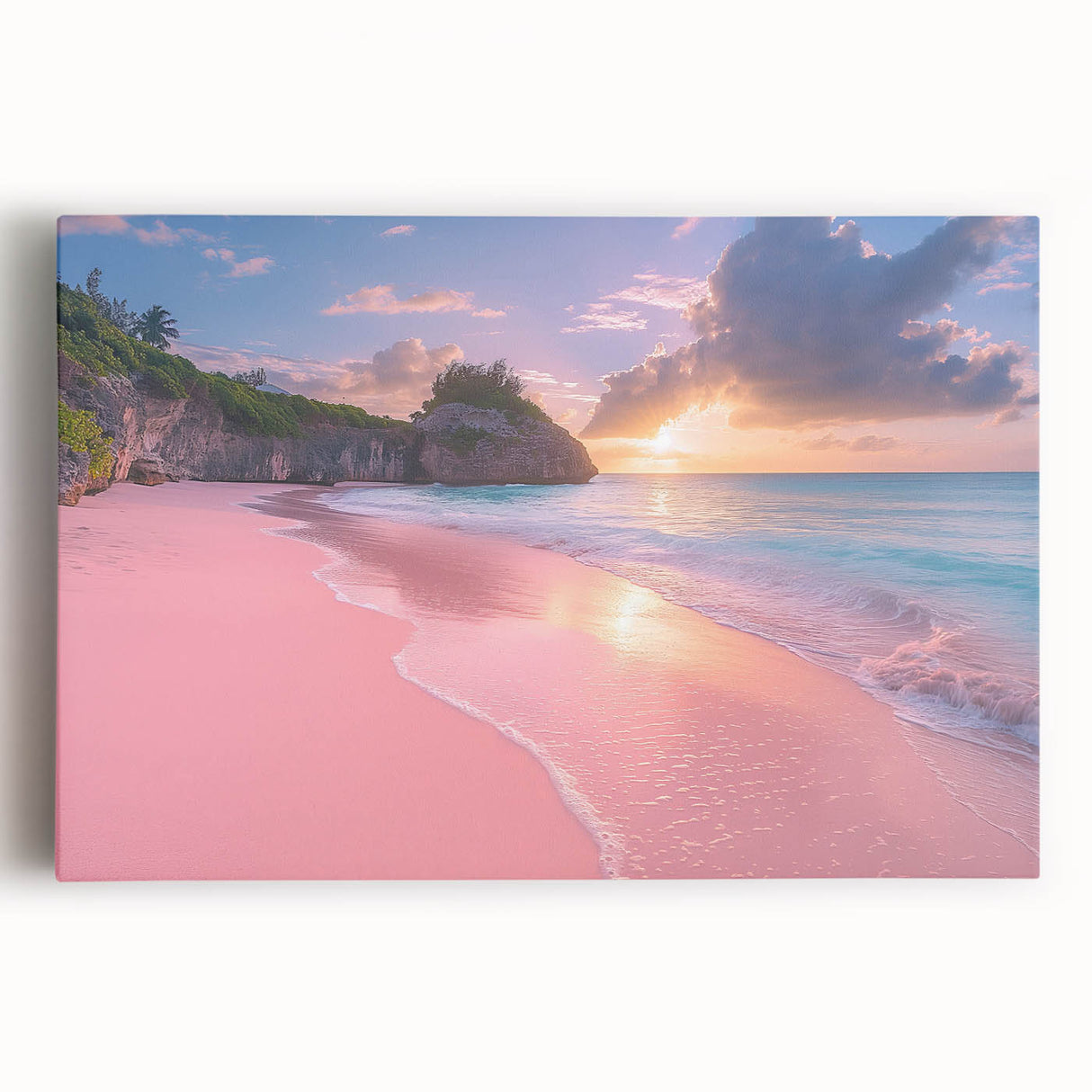 Black and white stretched canvas featuring a serene Caribbean beach scene, ideal for kitchen wall art or bedroom decor.