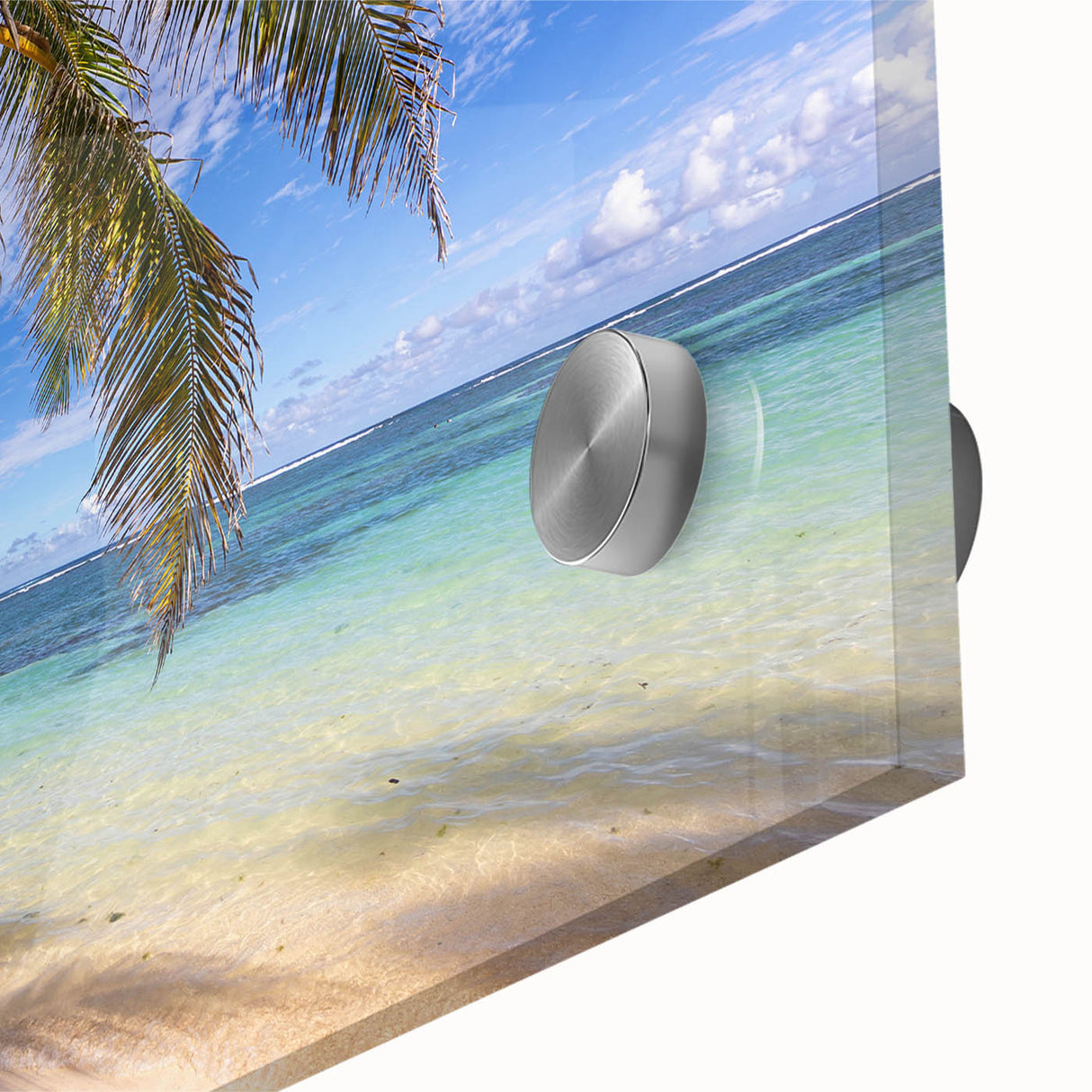 Mid-century modernist large abstract art print of Caribbean scenery on acrylic glass, ideal for dining room decor.