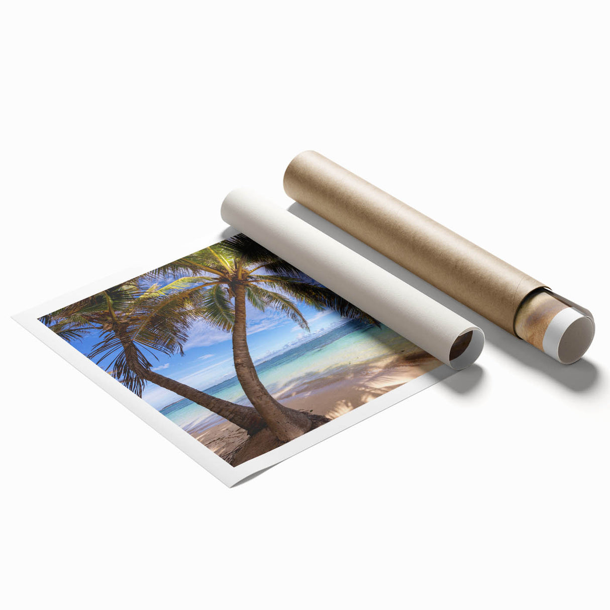 Extra large rolled print of a Caribbean scenery with vibrant blue and green hues, ideal for classy bathroom wall art.
