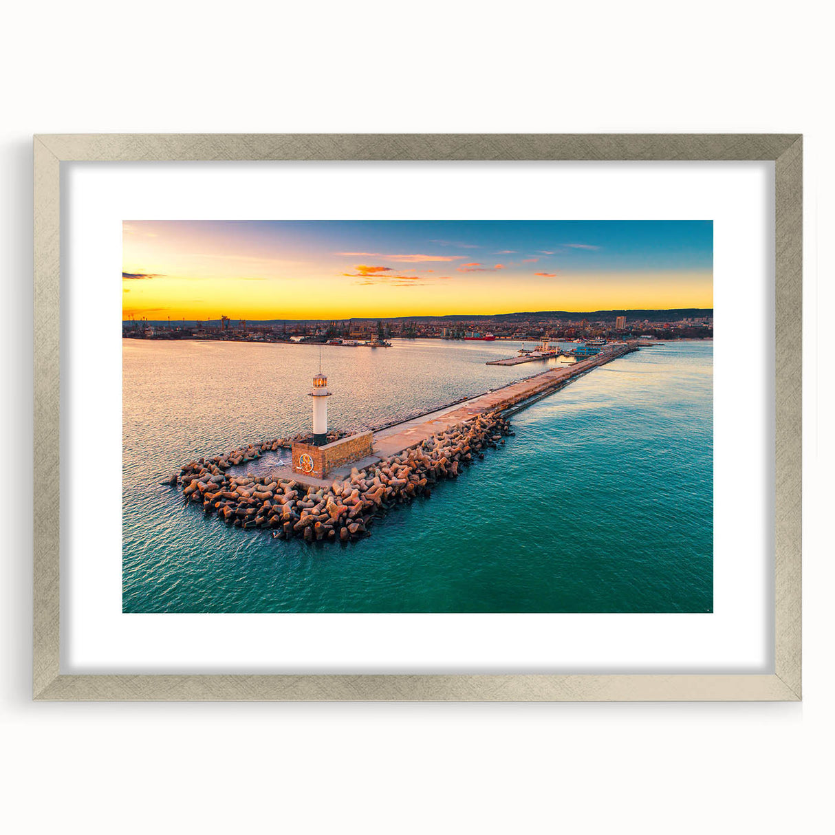 Extra large abstract art print depicting a textured European scenery in muted earth tones, framed in silver.