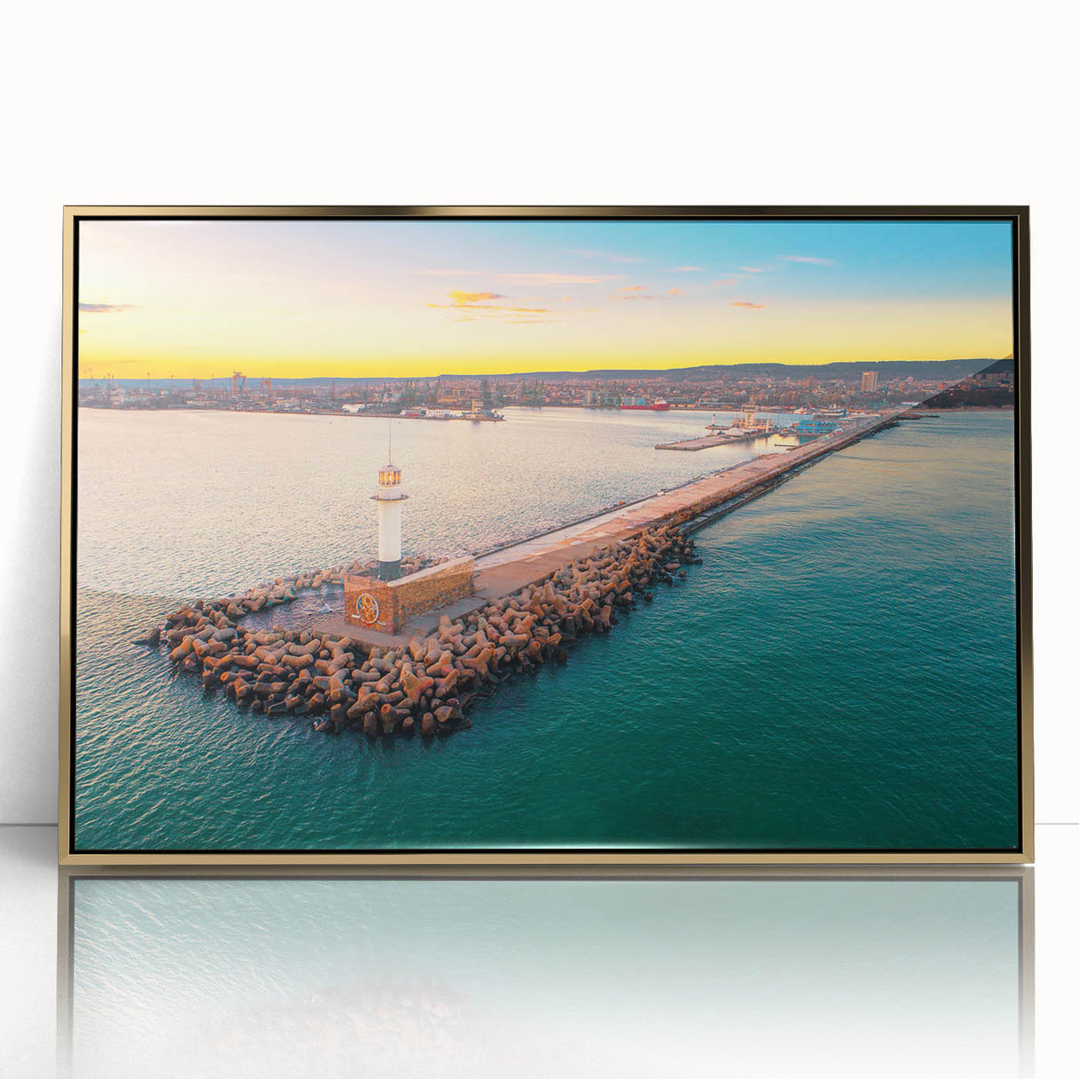 Art deco poster of a European scenery in Bulgaria, featuring muted gold and blue tones on a framed acrylic.