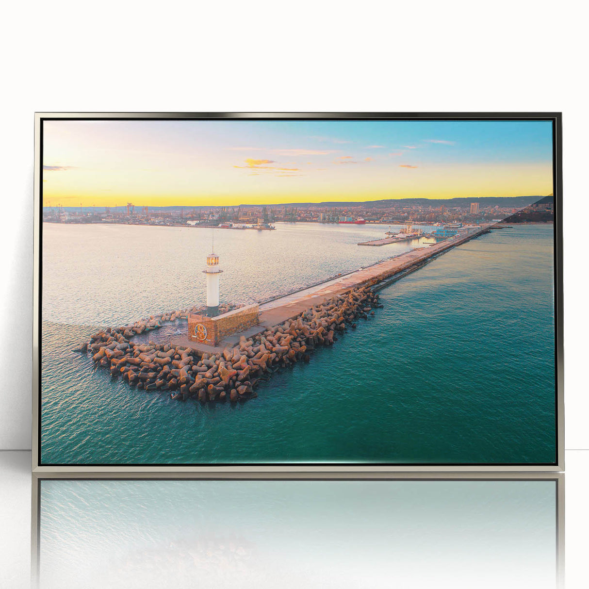 Large art print of a European Bulgarian landscape in muted earth tones, framed in silver acrylic.