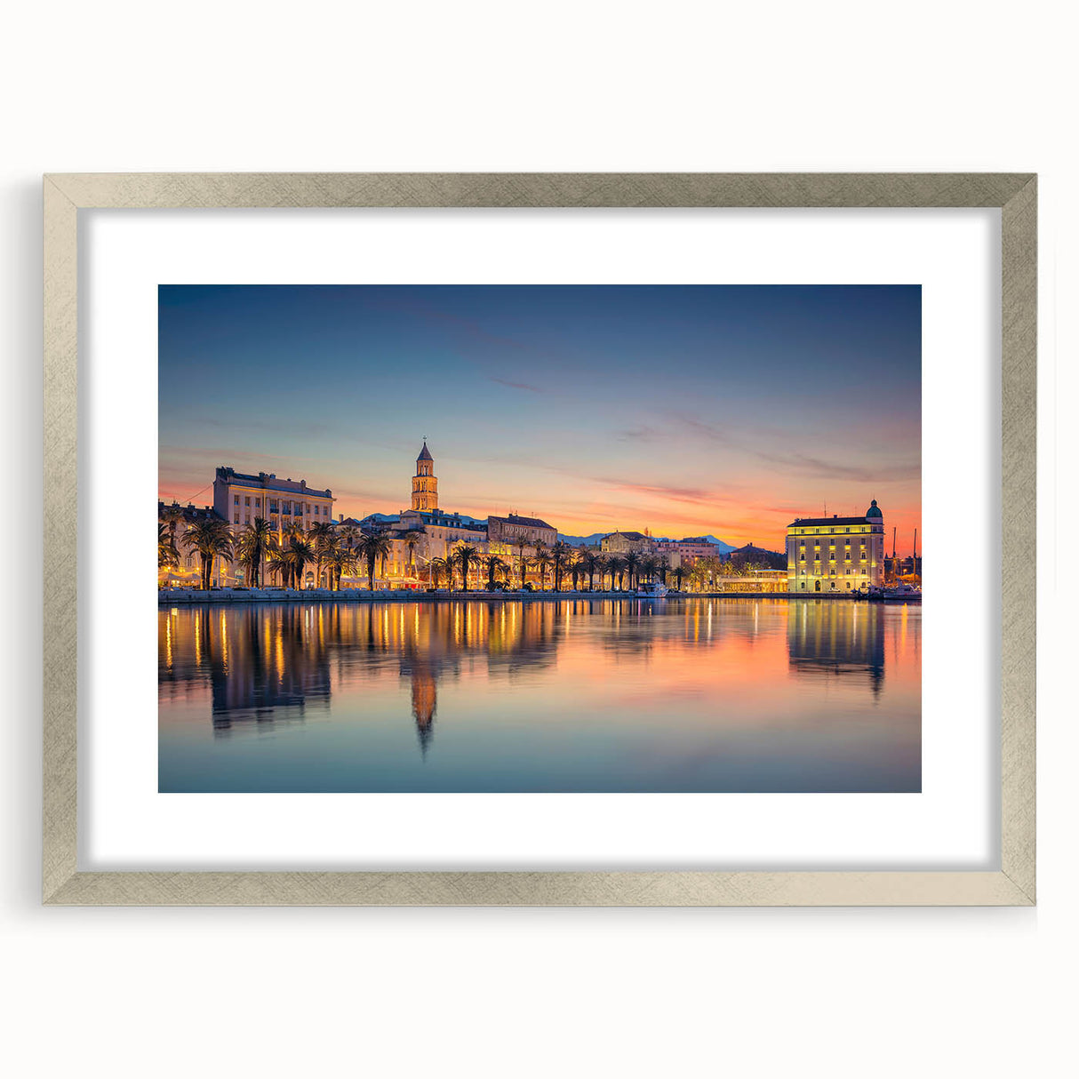 Extra large abstract textured art print of a Croatian landscape in pastel shades, framed with a silver mat.