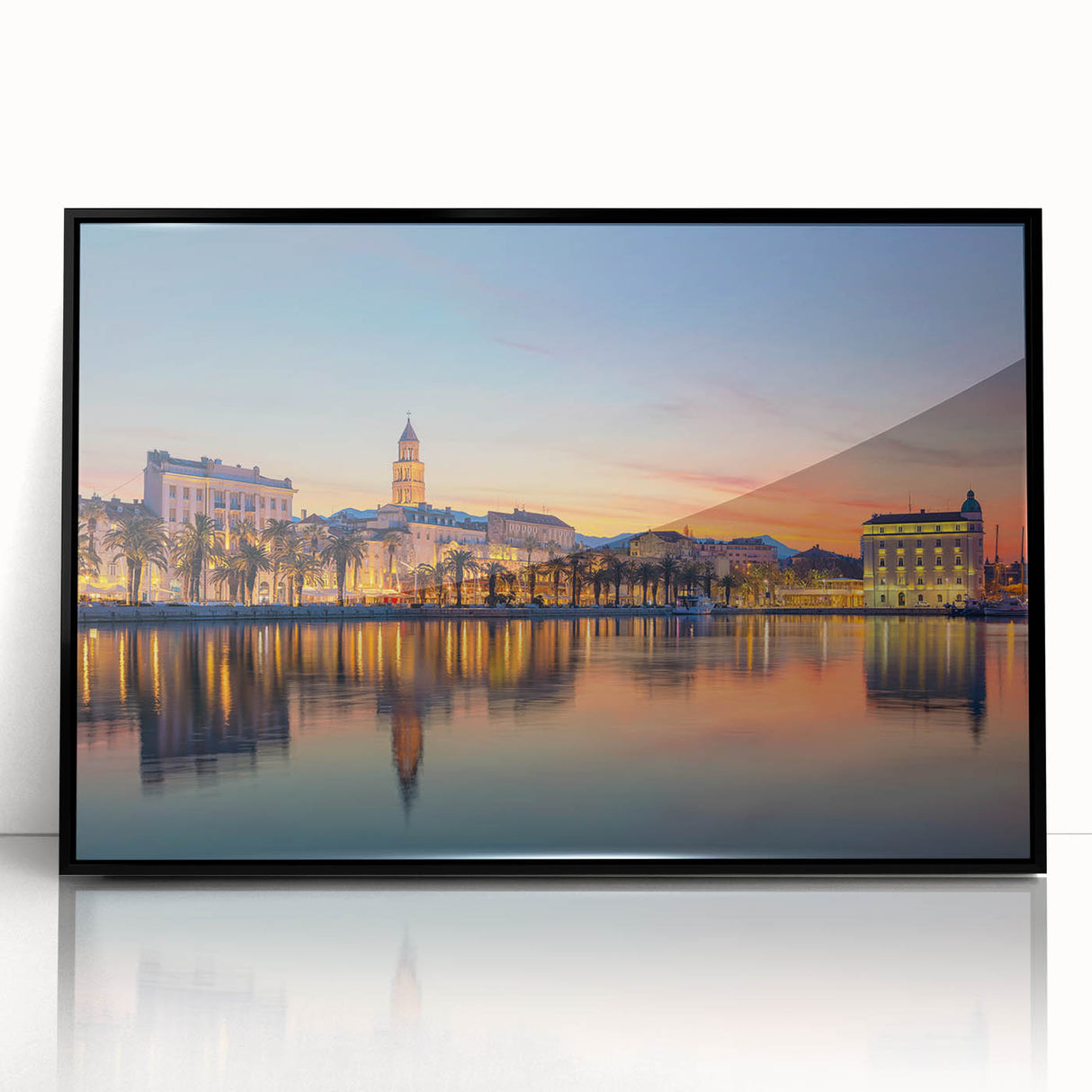 Large abstract wall art depicting a Croatian landscape in muted earth tones, framed in black acrylic.