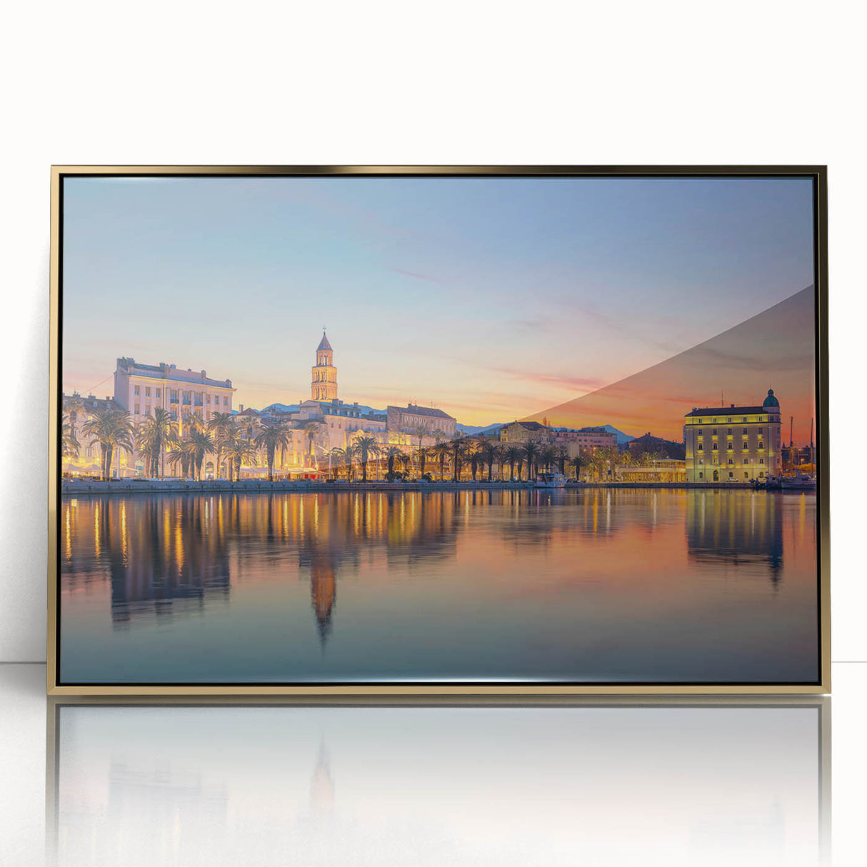 Art deco poster of European scenery in Croatia with a gold frame on acrylic, ideal for modern art wall decor.