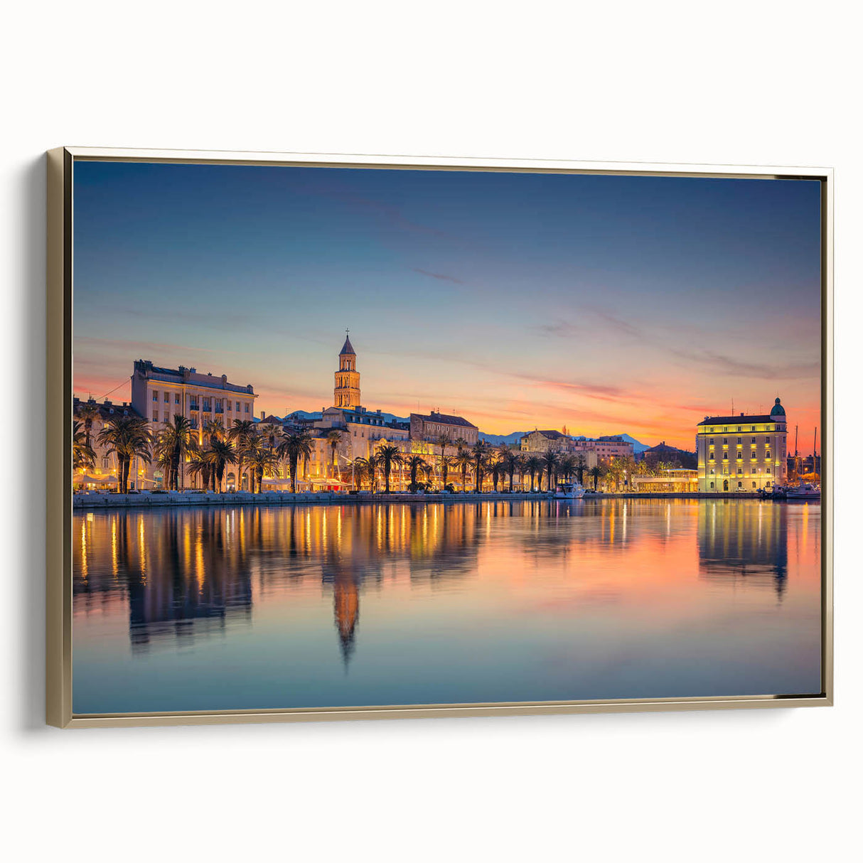 Framed canvas featuring a vintage-style landscape painting of a Croatian scenery, ideal for bedroom wall art.