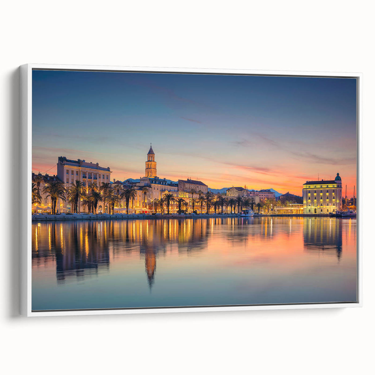 Vintage poster art of a Croatian landscape on a framed canvas, featuring vibrant colors, ideal for living room decor.