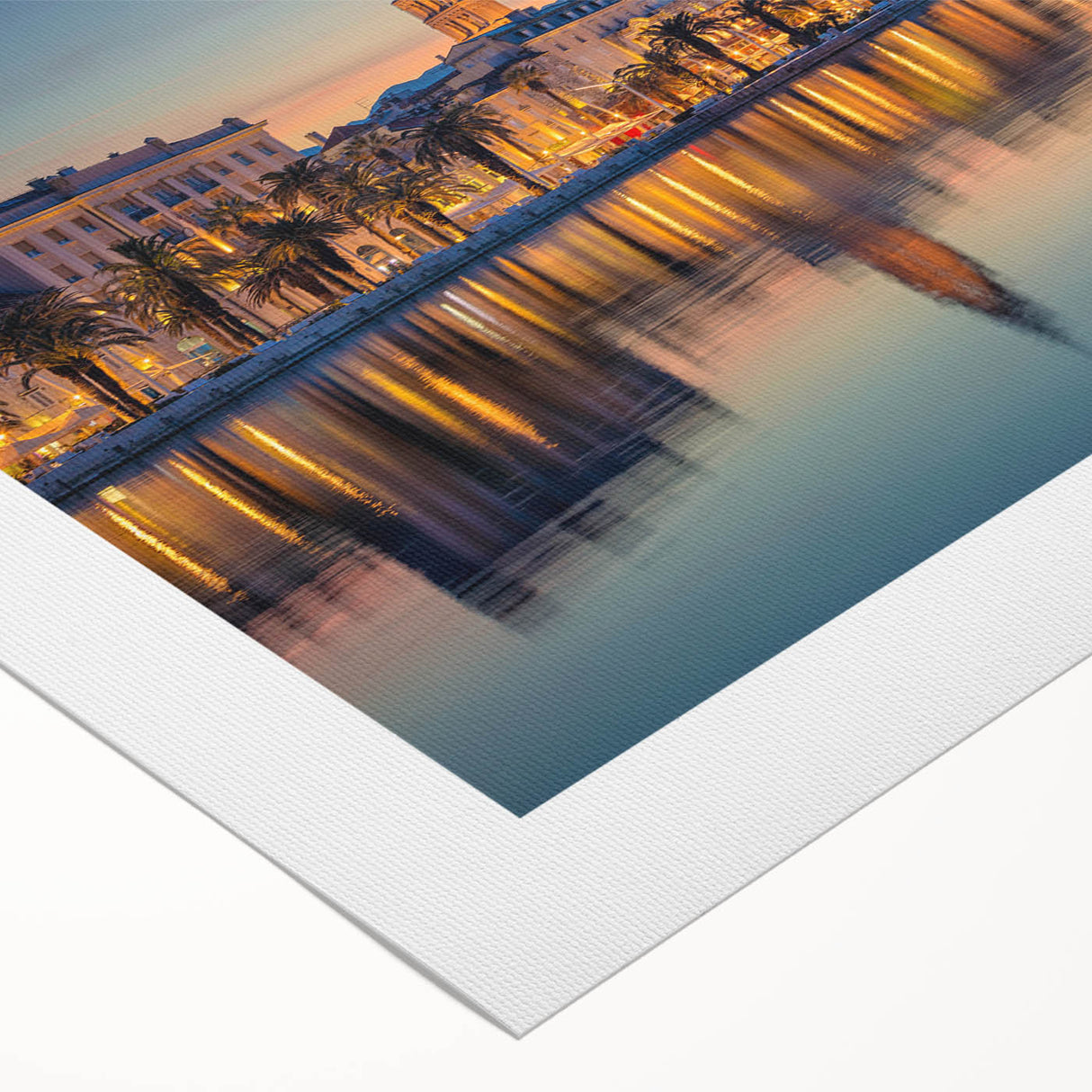 Art deco poster of a scenic Croatian coastline in muted blue and green hues on rolled canvas, suitable for dining room decor.