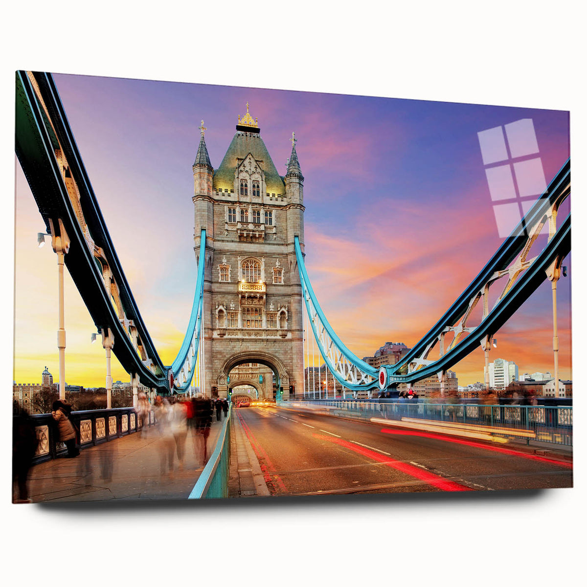 Acrylic print of a large abstract depiction of the London skyline in muted gray and blue tones.