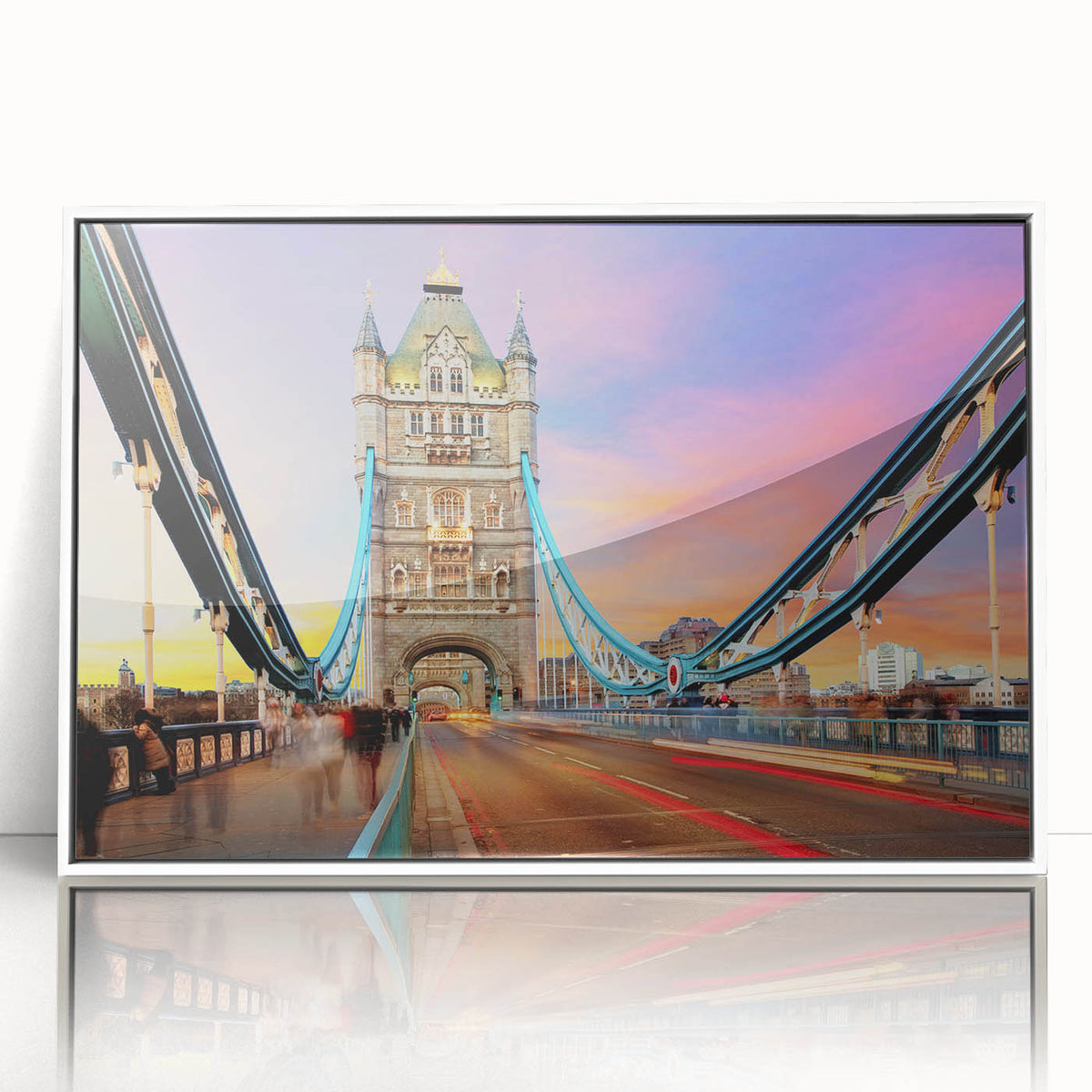 Mid-century modernist art of London skyline in muted colors on a framed acrylic, ideal for modern art wall decor.