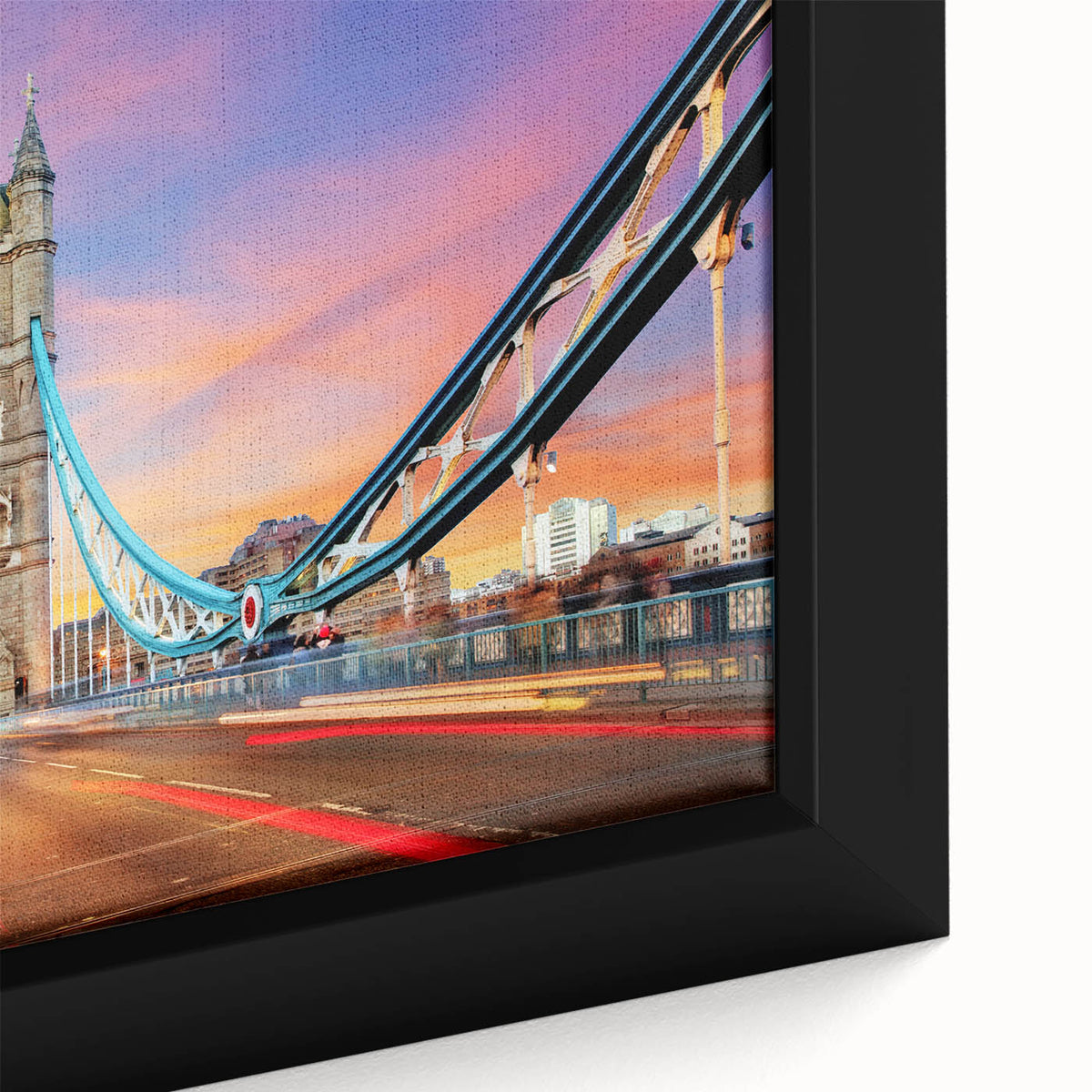Extra large framed canvas featuring a textured depiction of the London skyline in black with colorful art accents.