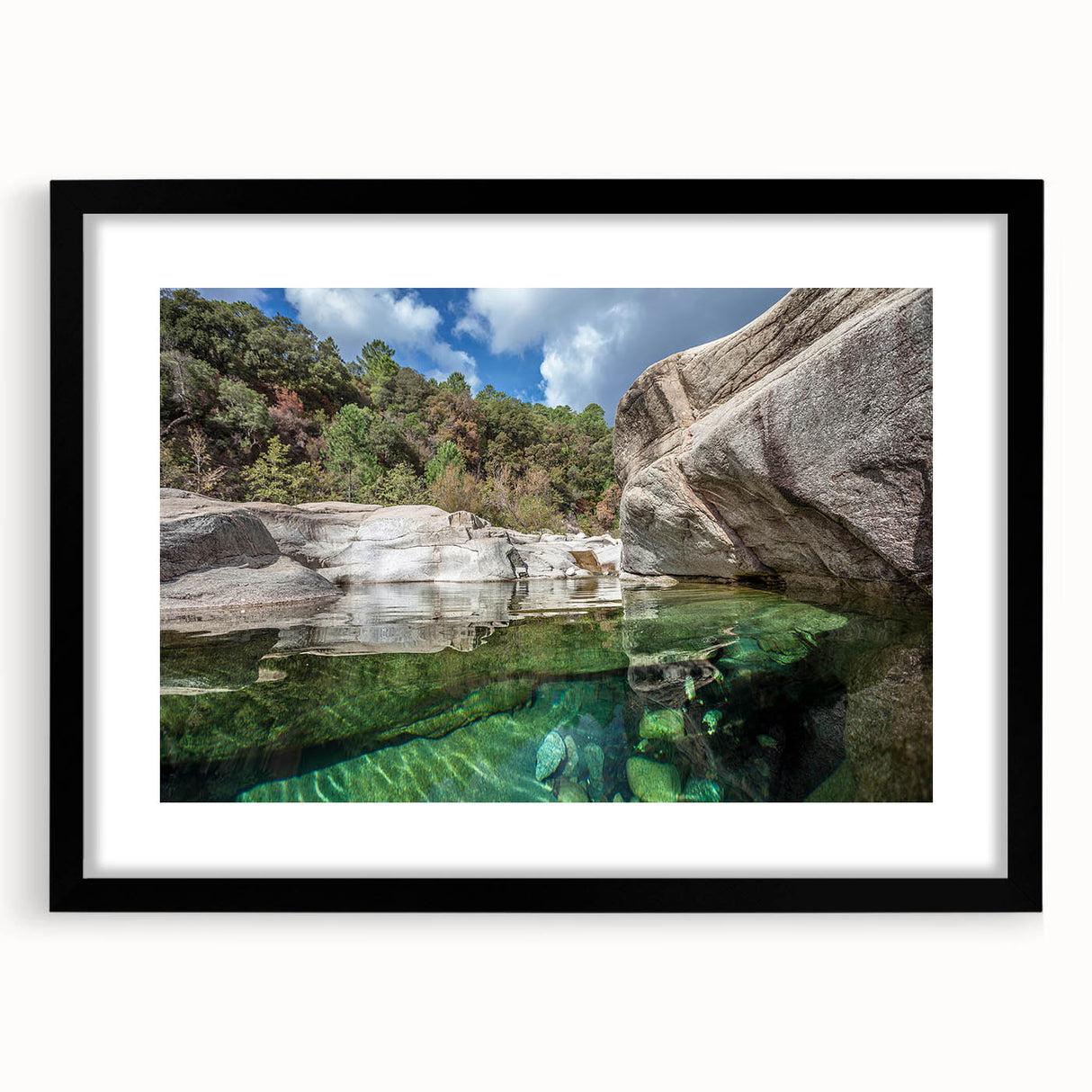 Abstract art print of a colorful, textured French Corsican landscape on a large framed canvas, ideal for living room decor.
