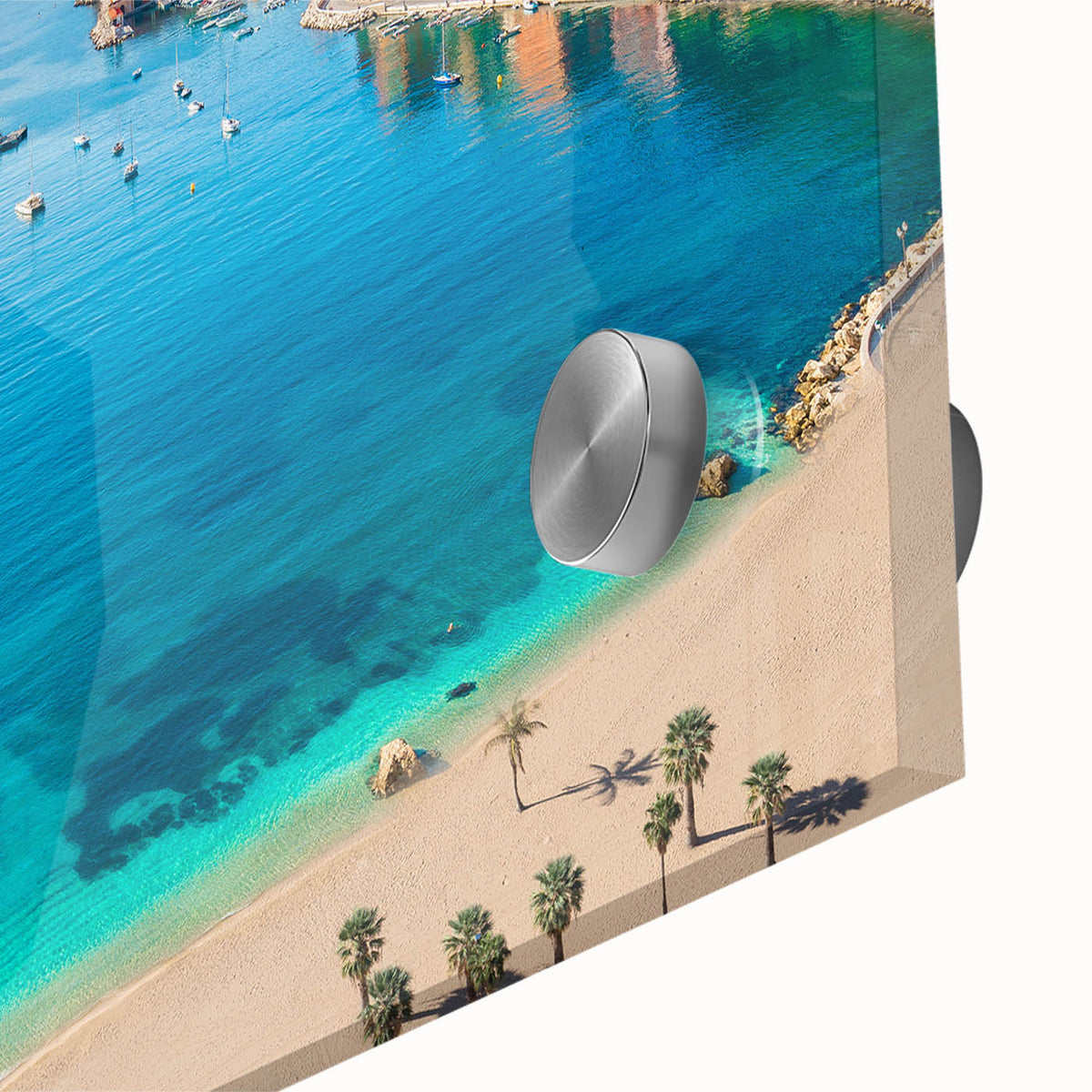 Large abstract wall art depicting a mid-century modernist scene of southern France, in muted earth tones on acrylic glass.