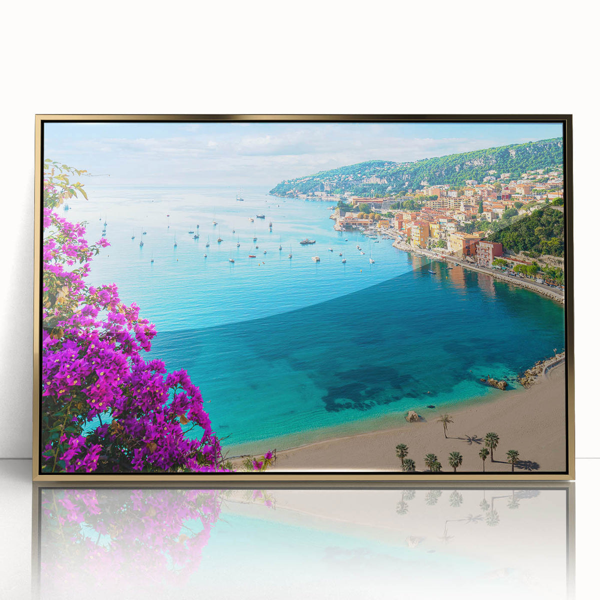 Art deco poster depicting a serene South France landscape in soft pastel hues on framed acrylic.