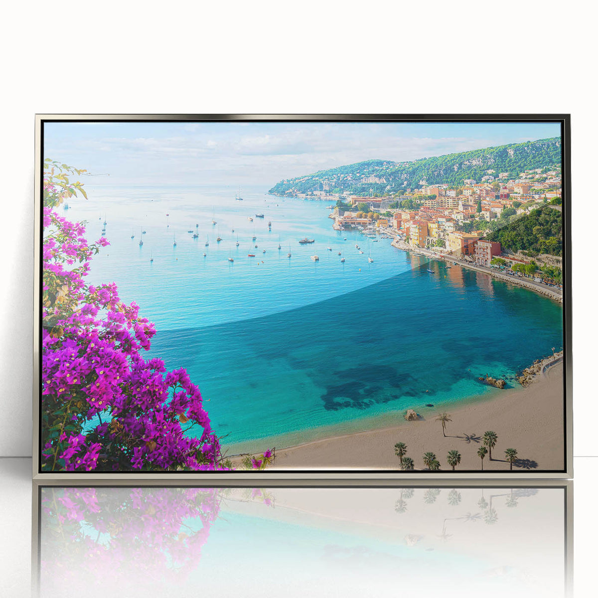 Large art print of a southern France landscape in muted earth tones on a silver-framed acrylic.