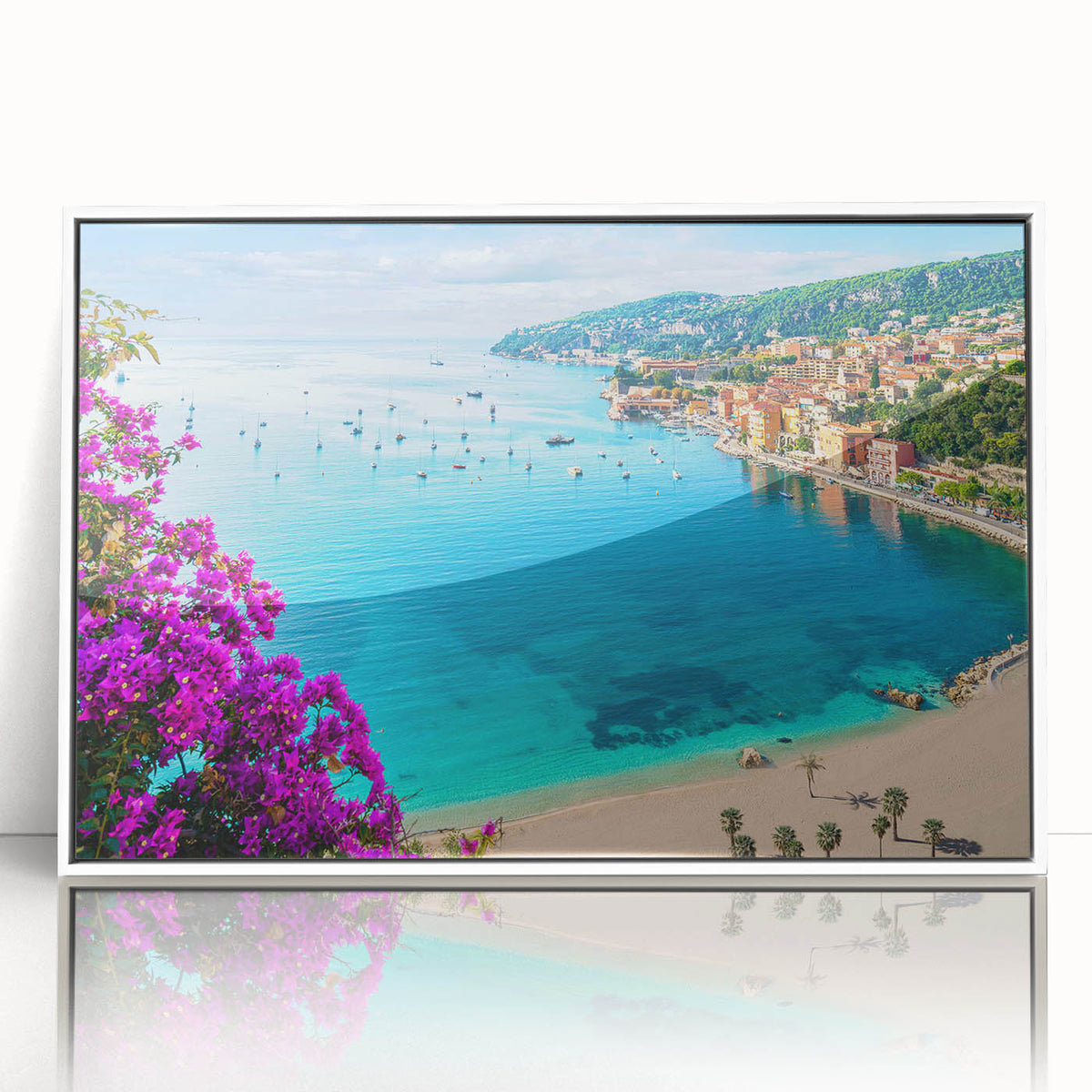 Mid-century modernist art depicting a serene South France landscape on white-framed acrylic, using pastel hues.