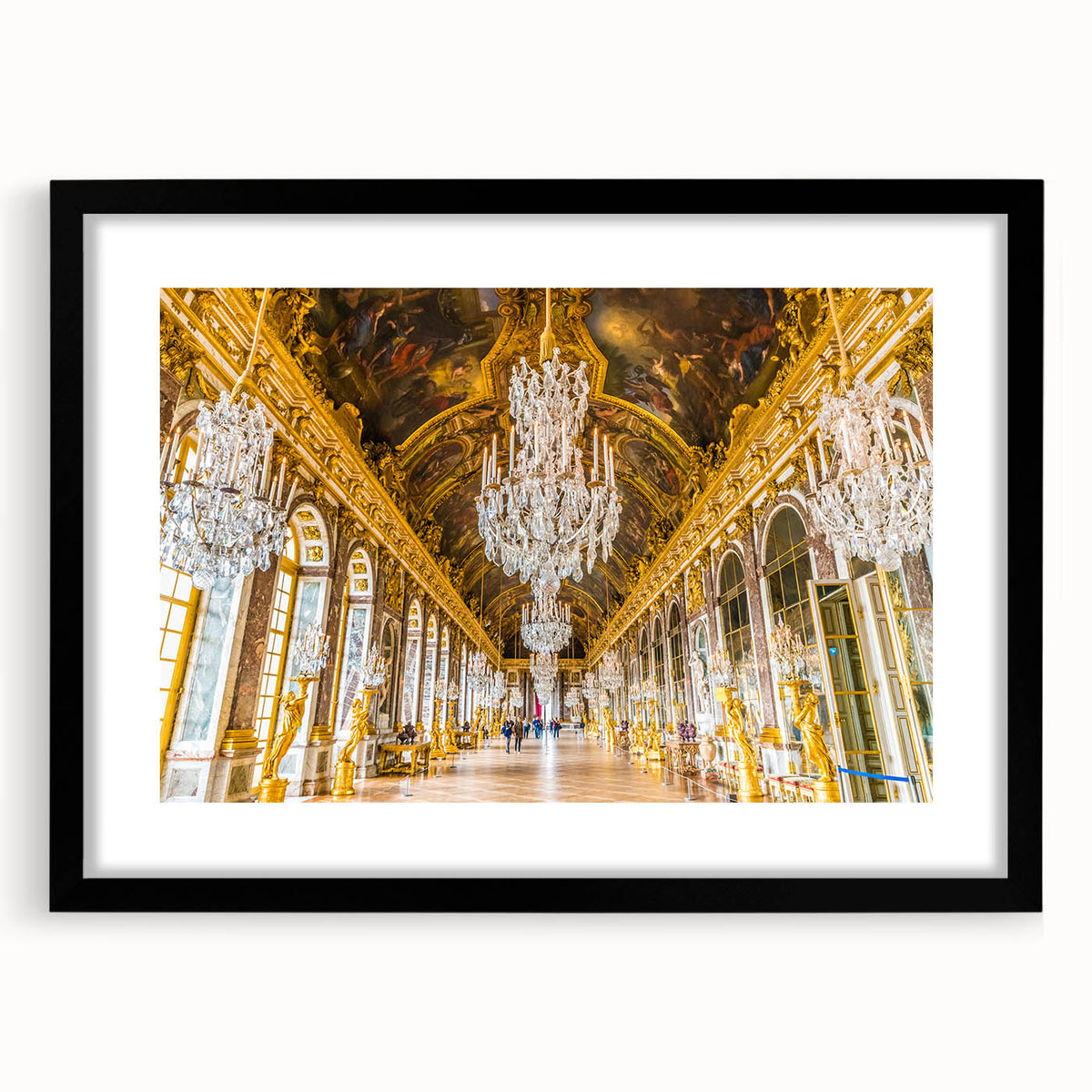 Extra large abstract art print of a colorful, textured depiction of the Versailles scenery, in a black frame with mat.