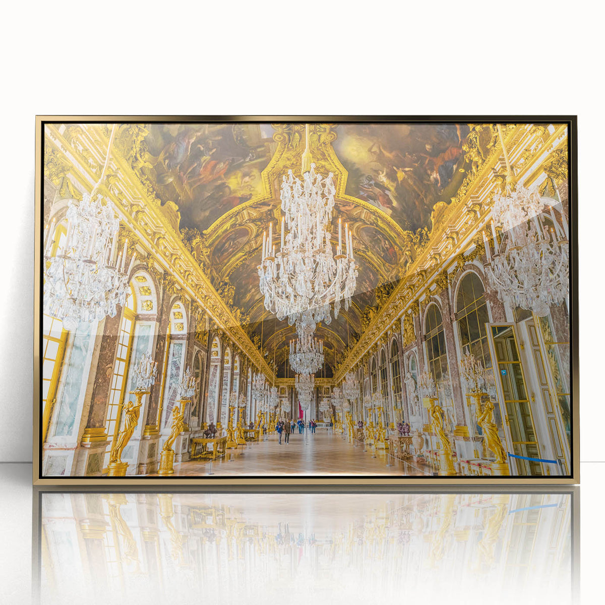 Art deco poster of Versailles scenery in gold and blue tones, acrylic framed, suitable for modern art wall decor.
