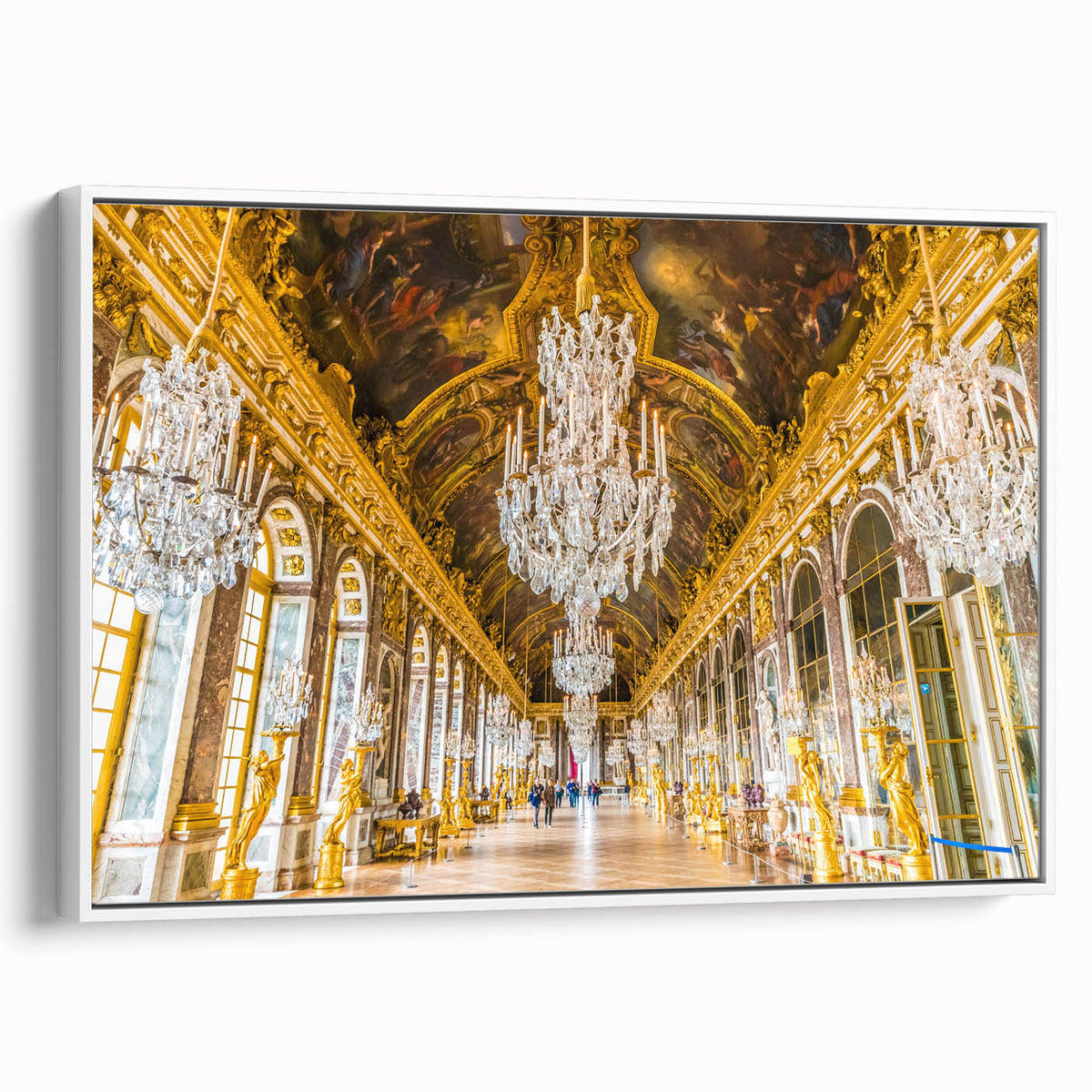Vintage poster art of Versailles in a white framed canvas, featuring a black and colorful palette.