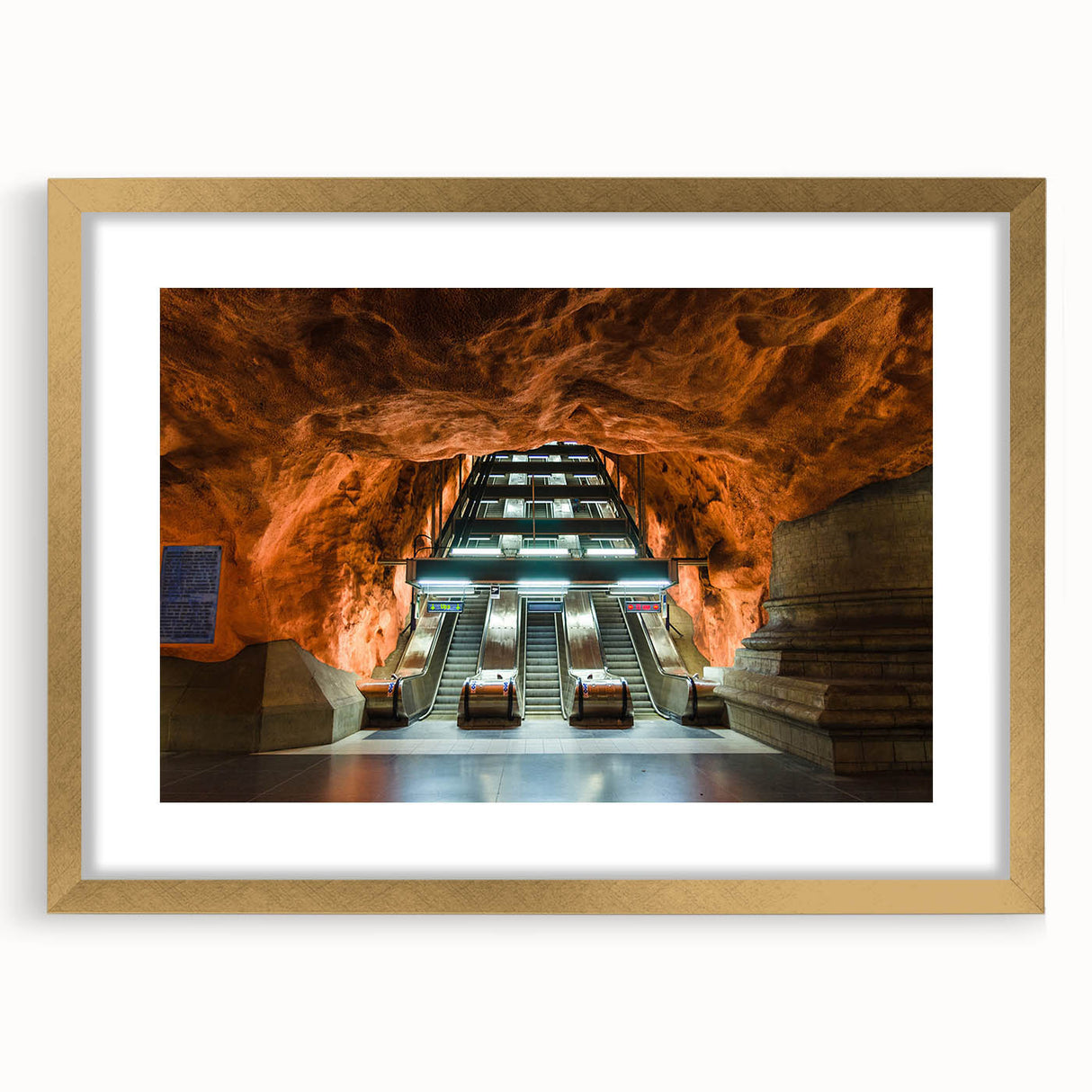 Extra large abstract art print of Stockholm scenery in muted blue and gray tones on a gold-framed canvas.