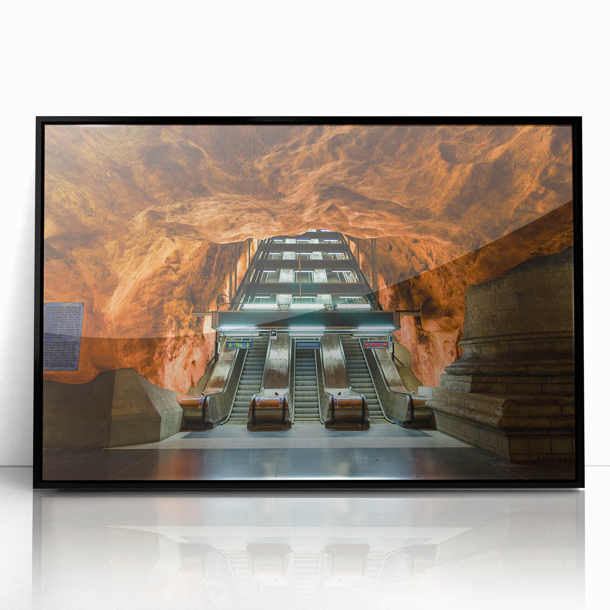 Large abstract wall art depicting the Stockholm skyline in muted gray and blue tones on a framed acrylic.