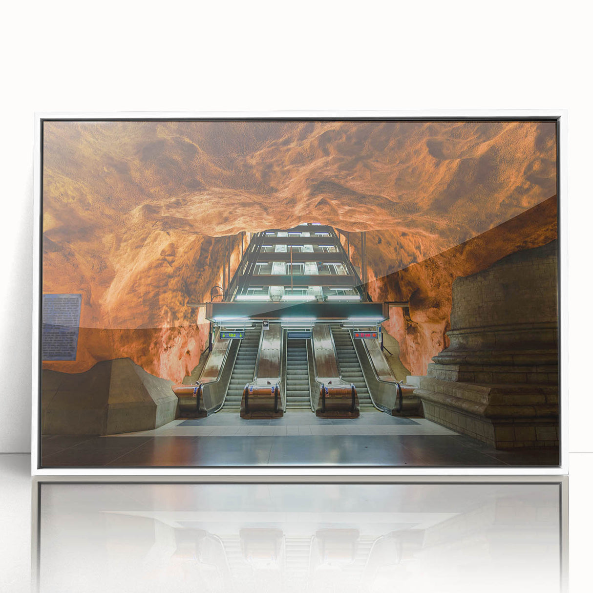 Art deco poster of Stockholm scenery, in muted blues and whites, acrylic framed, suitable for modern nursery wall art.