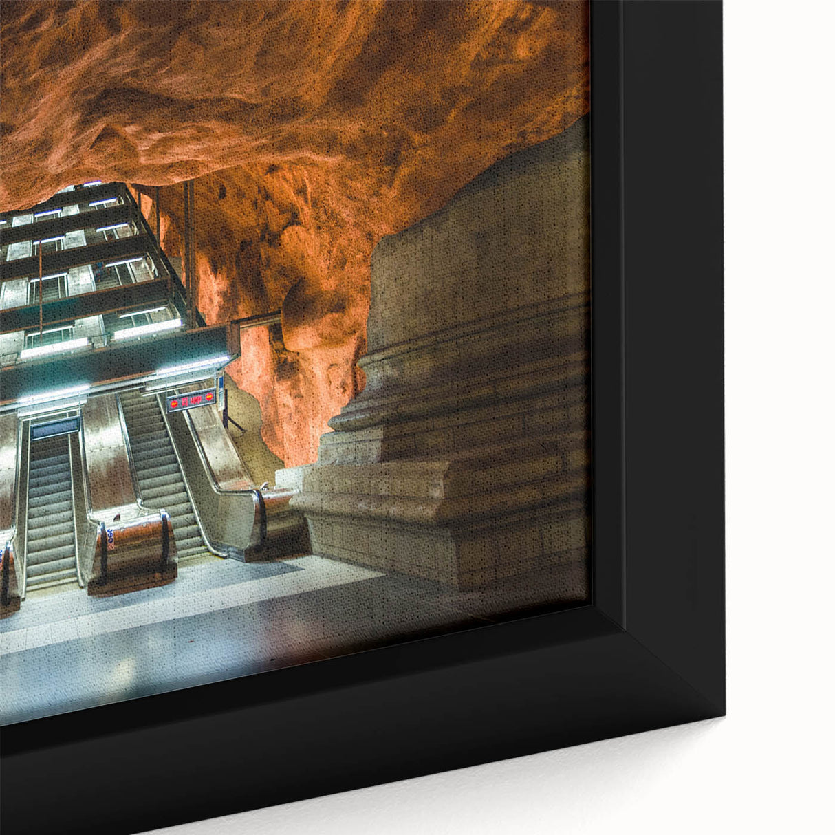 Extra large framed canvas of Stockholm scenery in black with colorful, textured elements, suitable for living room decor.