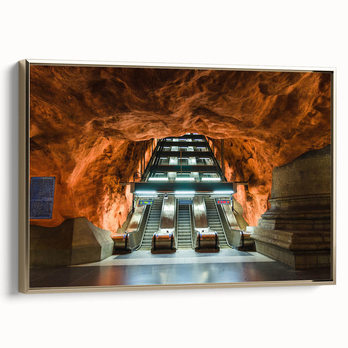 Framed canvas of Stockholm landscape in muted gold and black tones, ideal for bedroom wall art.