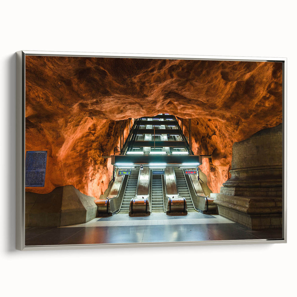 Framed canvas landscape art painting of Stockholm featuring colorful vintage poster art on a black background.