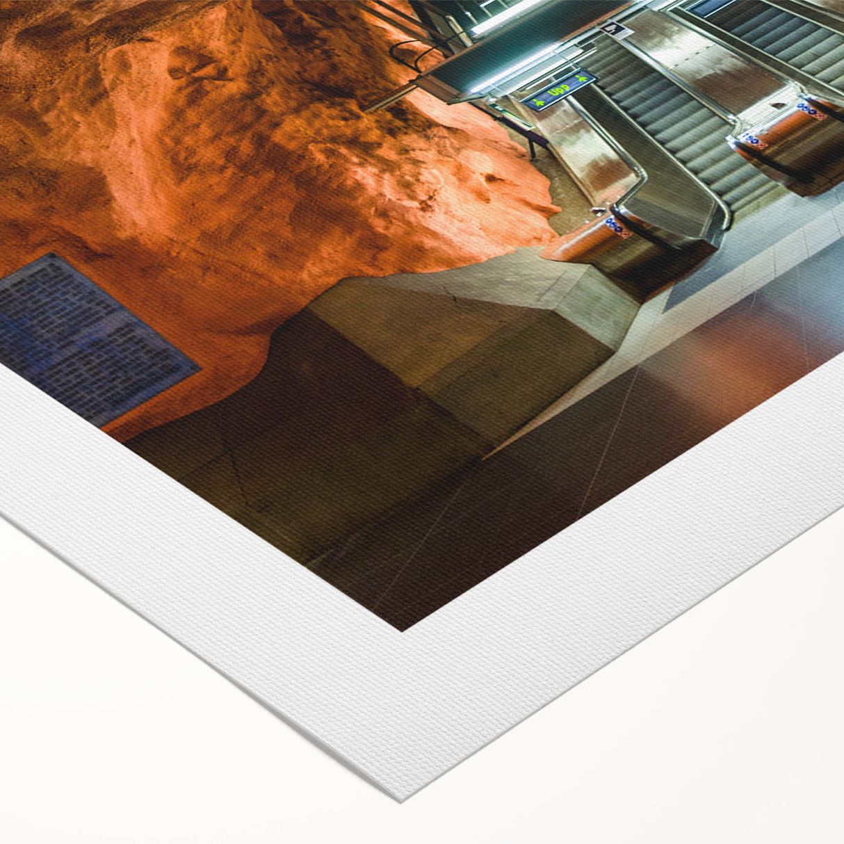 Art deco poster of Stockholm scenery in muted blue and yellow tones on rolled canvas, suitable for dining room wall.