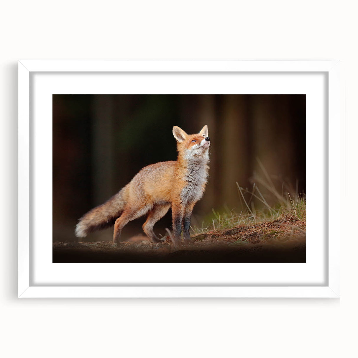 Abstract art print of a serene Swedish landscape in muted blue and green tones, framed with a white mat.