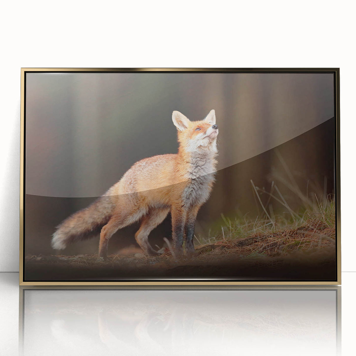 Large abstract wall art depicting a European scenery in Sweden, with muted gold and blue tones on a framed acrylic.